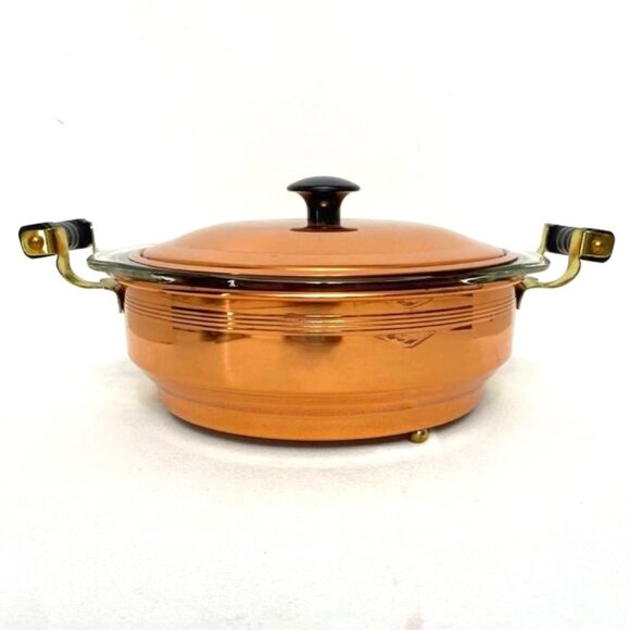 Vintage Copper Carrier with Glass Casserole Insert Handles Footed - Picture 2 of 8
